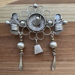 VTG  Mexico Artisan Brooch Pin 2.5 Inch Sombrero Sandals Dangles Sterling 11.7g